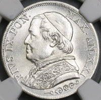 1867-M NGC MS 65 Papal States Silver 1 Lira Italy Coin POP 3/0 (18012001D)