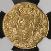 1824-A NGC AU FRANCE Gold 20 Francs Louis XVIII Coin (17091609C)