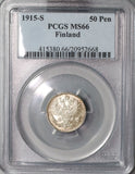 1915 PCGS MS 66 FINLAND Silver 50 Pennia Russia Imperial Duchy Coin (18090813C)