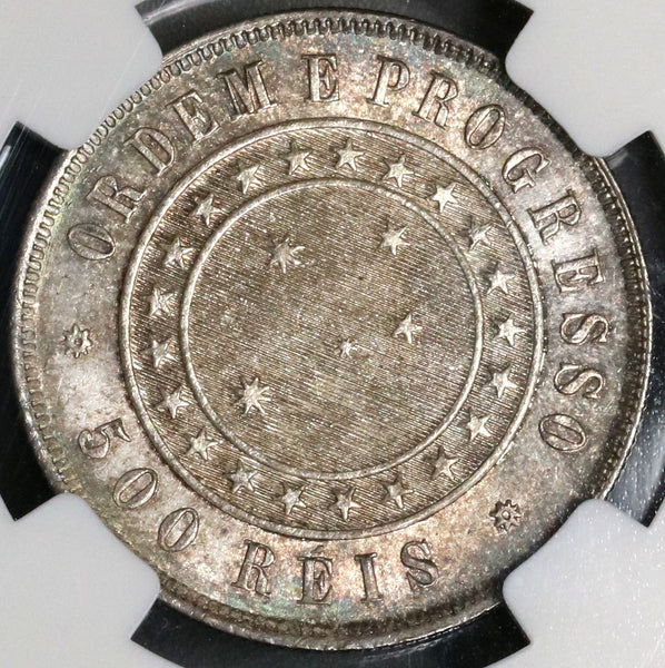 1889 NGC MS 64 BRAZIL Silver 500 Reis Southern Cross Stars Coin (17020406C)
