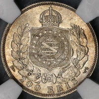 1867 NGC MS 65  BRAZIL Silver 200 Reis Golden Tone Coin (18040301D)