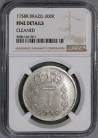 1758-R NGC Fine Brazil 600 Reis Rare Portugal Empire Silver Coin (21090302C)