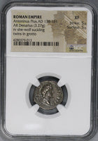 140 NGC XF Antoninus Pius Roman Empire Denarius Wolf Twins Grotto 5/5 (21083002C)