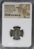 140 NGC XF Antoninus Pius Roman Empire Denarius Wolf Twins Grotto 5/5 (21083002C)
