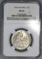 1929 NGC MS 64 PERU Silver 1/2 Sol Coin (17102204C)