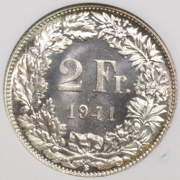 1941 NGC SP 67 Switzerland 2 Francs Specimen BU Silver Coin POP 6/0 (18092204C)