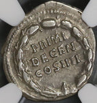 148 NGC XF Antoninus Pius Roman Empire Denarius PRIMI DECEN 10th Year 4/5 5/5 (18010901C)