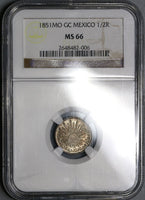 1851-Mo NGC MS 66 MEXICO GEM Silver 1/2 Real Coin POP 3/0 (17082901D)