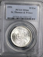 1951 PCGS MS 66 St Thomas Prince 10 Escudos 40K Silver Coins (18091609C)