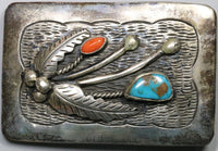 Native American Silver Belt Buckle Turquoise &  Coral Channel Inlay c. 1950s