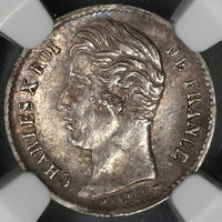 1829-B NGC AU 50 France Charles X Silver 1/4 Franc 32K Rouen Coin (210828704C)