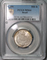 1858 PCGS MS 64 BRAZIL Silver 500 Reis Coin POP 3/2 (18092008C)