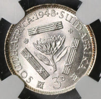 1948 NGC MS 65 SOUTH AFRICA Silver 3 pence Protea Flower Coin (17091607C)