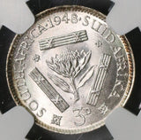 1948 NGC MS 65 SOUTH AFRICA Silver 3 pence Protea Flower Coin (17091607C)
