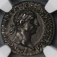 98/99 NGC Ch XF Trajan Denarius Pax Early Nerva Portrait Style (17082304CZ)