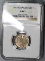 1901-Cn NGC MS 63 MEXICO 20 Centavos Culiacan Mint Silver Coin (18091608C)