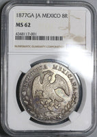 1877-Ga JA NGC MS 62 MEXICO Silver 8 Reales Coin (17111002D)