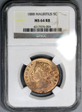 1888 NGC MS 64 RB Mauritius 5 Cents Victoria Britain Empire Coin (21082702C)
