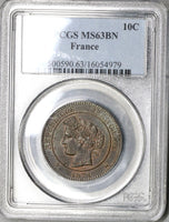 1871-A PCGS MS 63 France 10 Centimes Paris Mint State Coin (21090904C)