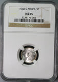 1948 NGC MS 65 SOUTH AFRICA Silver 3 pence Protea Flower Coin (17091607C)