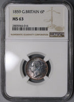 1859 NGC MS 63 Victoria 6 Pence Great Britain Silver Coin (21082110C)