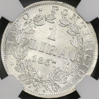 1867-M NGC MS 65 Papal States Silver 1 Lira Italy Coin POP 3/0 (18012001D)