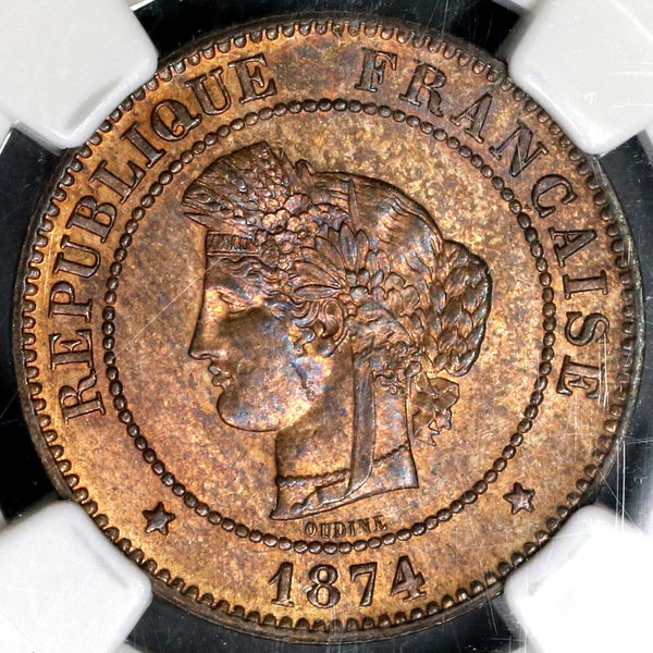 1874-A NGC MS 63 France 5 Centimes Ceres Mint State RB POP 1/2 (21082402C)