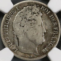 1833-T NGC Fine France 1 Franc Louis Philippe I Nantes SIlver Coin 31K Minted POP1/0 (21090304C)