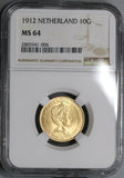 1912 NGC MS 64 Netherlands Gold 10 Gulden Wilhelmina Coin (17101905C)