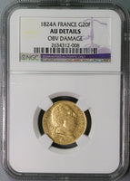 1824-A NGC AU FRANCE Gold 20 Francs Louis XVIII Coin (17091609C)