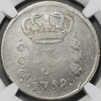 1758-R NGC Fine Brazil 600 Reis Rare Portugal Empire Silver Coin (21090302C)