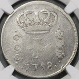 1758-R NGC Fine Brazil 600 Reis Rare Portugal Empire Silver Coin (21090302C)