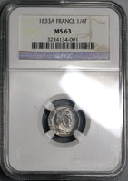 1833-A NGC MS 63 FRANCE Silver 1/4 Franc Louis Philippe Coin (17102103CZ)