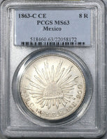 1863-C PCGS MS 63 Mexico Silver 8 Reales Culiacan Mint Scarce Coin (21090405C)