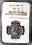1753 NGC MS 63 George II 1/2 Penny Great Britain Mint State Coin (18083004C)