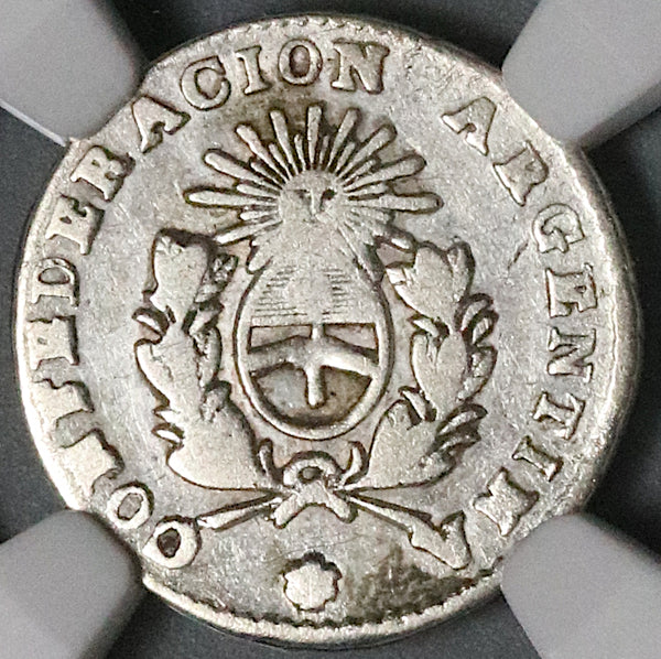 1854 NGC VF 35 Argentina 1/2 Real La Rioja Sun Face Silver Coin (21092201D)