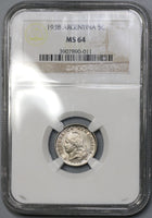 1938 NGC MS 64 Argentina 5 Centavos Liberty Head Mint State Coin (21090905C)