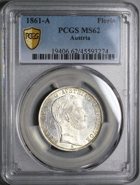 1861-A PCGS MS 62 Austria 1 Florin Silver Franz Joseph Vienna Coin