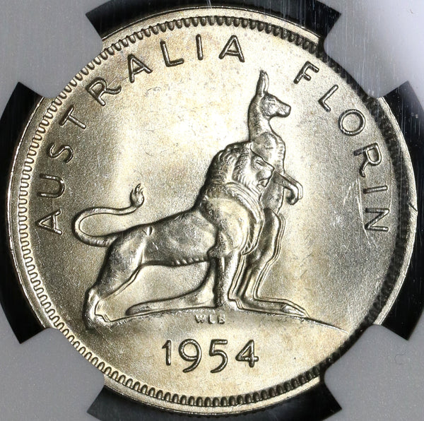 1954 NGC MS 64 Australia Silver Florin Royal Visit Kangaroo Lion