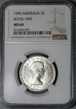 1954 NGC MS 64 Australia Silver Florin Royal Visit Kangaroo Lion Coin (21011004C)