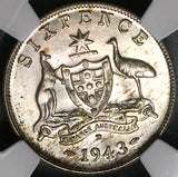 1943-D NGC MS 66 Australia 6 Pence George VI Gem Sterling Silver Coin (23031801C)