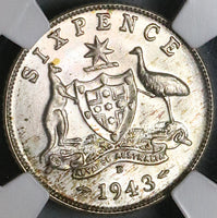 1943-D NGC MS 66 Australia 6 Pence George VI Gem Sterling Silver Coin (23031801C)
