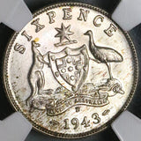 1943-D NGC MS 66 Australia 6 Pence George VI Gem Sterling Silver Coin (23031801C)