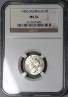 1943-D NGC MS 66 Australia 6 Pence George VI Gem Sterling Silver Coin (23031801C)