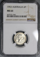 1953 NGC MS 63 Australia 6 Pence Elizabeth II Key Date Silver Coin (21090605C)
