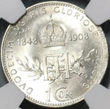1908 NGC MS 64 Austria 1 Corona Silver Franz Joseph 60th Coin (21020502C)