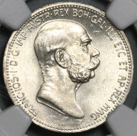 1908 NGC MS 65+ Austria 1 Corona Silver Franz Joseph 60th Coin (21071601D)
