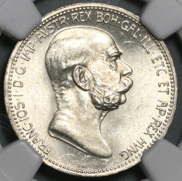 1908 NGC MS 65+ Austria 1 Corona Silver Franz Joseph 60th Coin (21071601D)