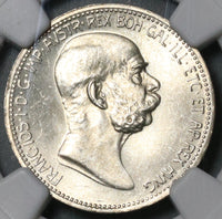 1908 NGC MS 65+ Austria 1 Corona Silver Franz Joseph 60th Coin (21071601D)