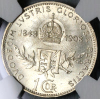 1908 NGC MS 65+ Austria 1 Corona Silver Franz Joseph 60th Coin (21071601D)